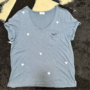 T.LA Blue V Neck & Rolled Sleeve Top with Heart Embroidery & Pocket — L